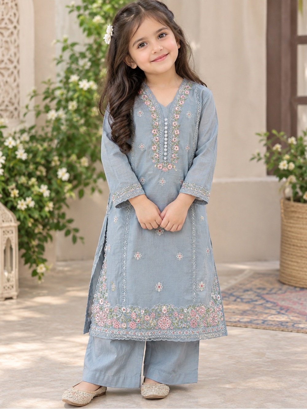 Ethnic embroidery 2-pcs set for Girls in Light Blue